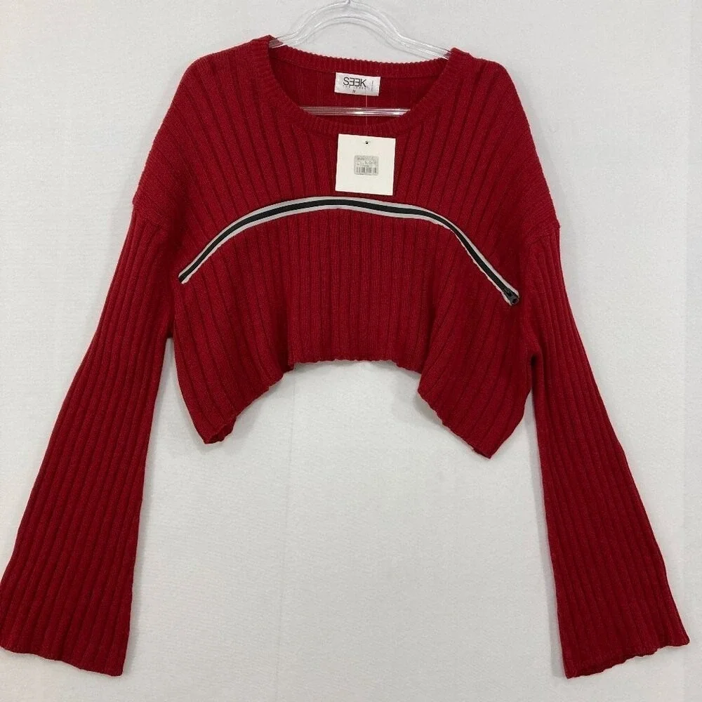 New‎ Seek the Label Medium Red Rib Knit Flare Sleeve Zipper Detail Crop Sweater